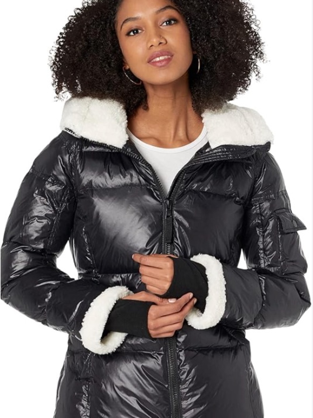 S13 Women's Black Puffer Coat with Sherpa Trim